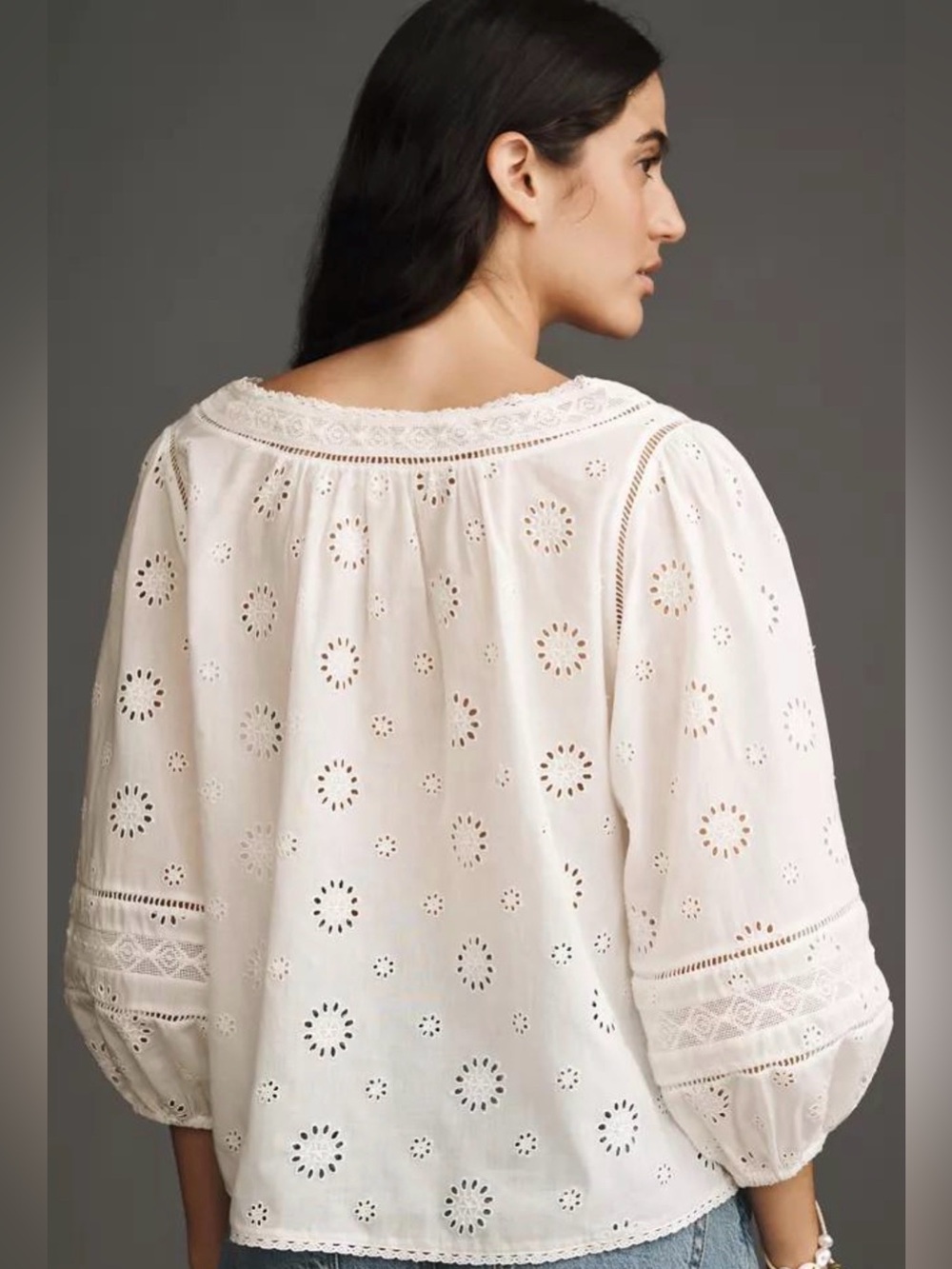 Pilcro by Anthropologie 3/4 Sleeve Crop Babydoll Top Eggshell Eyelet medium - Picture 2 of 12